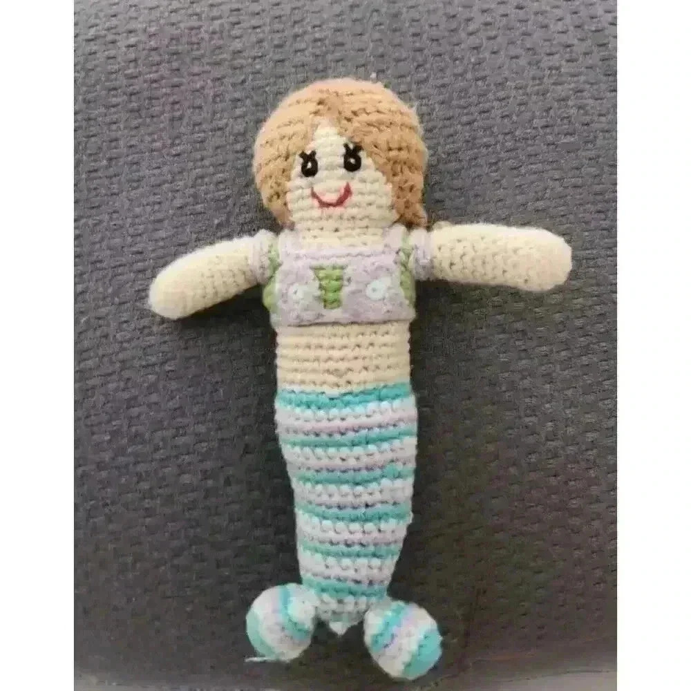 Pebble Crocheted Mermaid Girl w Aqua Purple & White Striped Tail Baby Rattle
